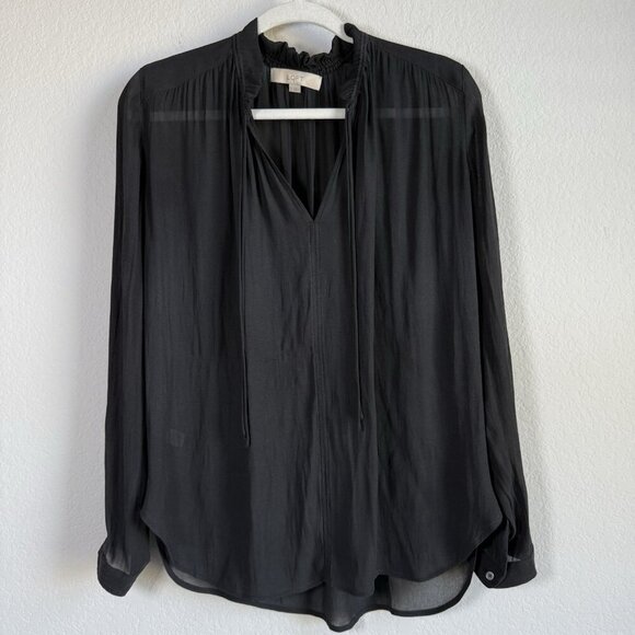 Loft Women's Small‎ Sheer Long Sleeve Smocked Tie Neck Blouse Black Casual - Picture 14 of 14